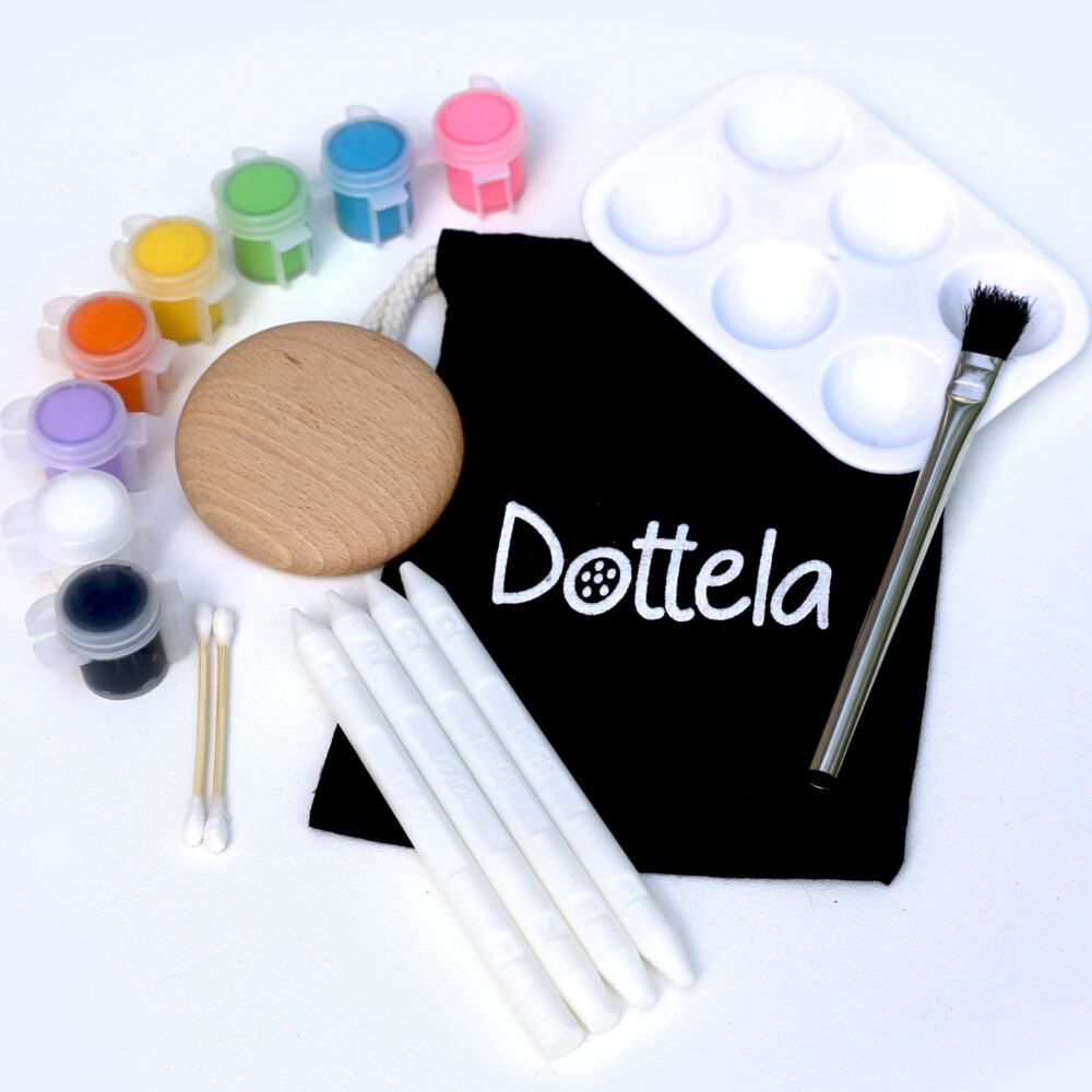 Mandela dotting starter kit with 8 tools, paint tray, wooden pebble, and 8 paint pots.